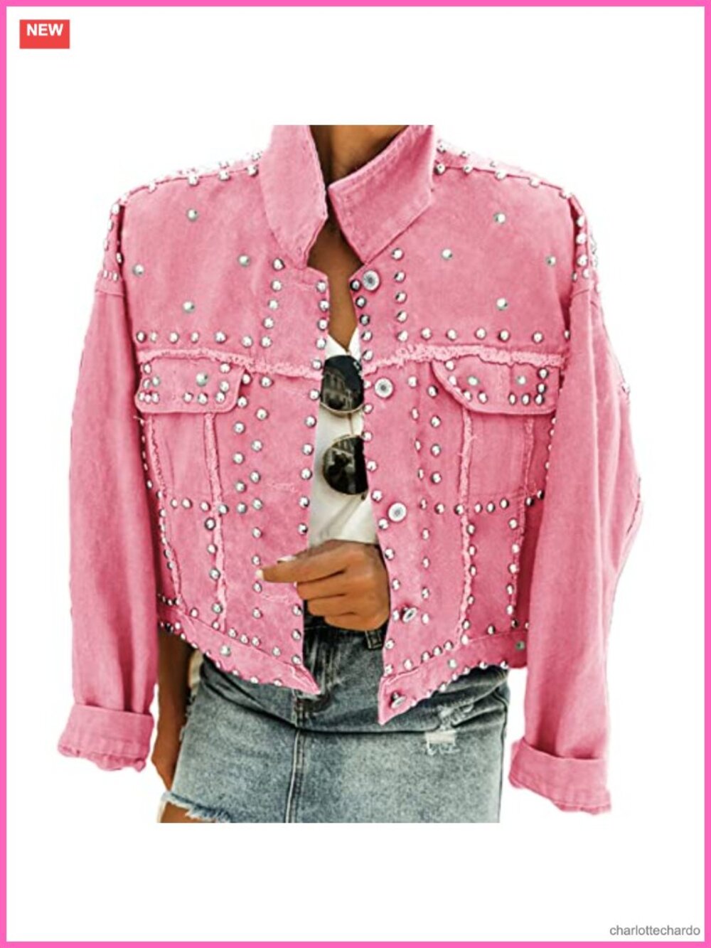 Studded Denim Jacket Cropped Frayed Western Trucker Coat Women